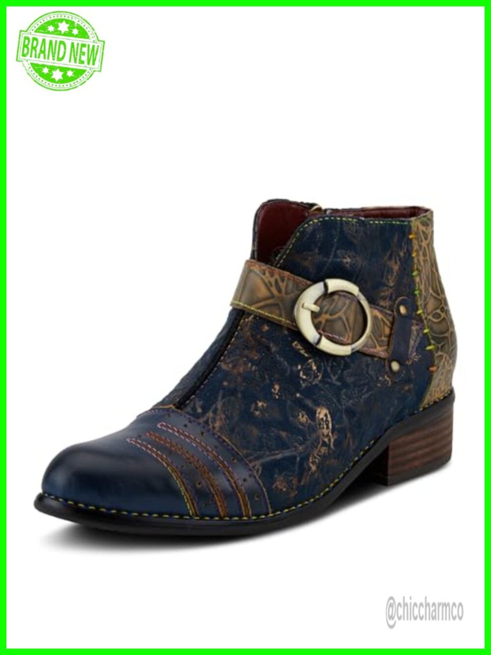 Hand-Painted Leather Ankle Booties with Zipper & Buckle, Stacked Heel, Faux